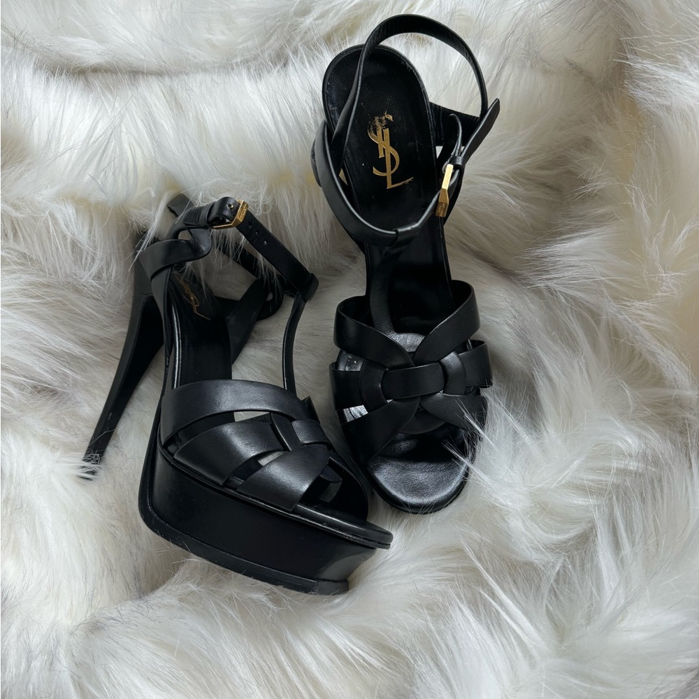 Classic black leather YSL Tribute platform sandal